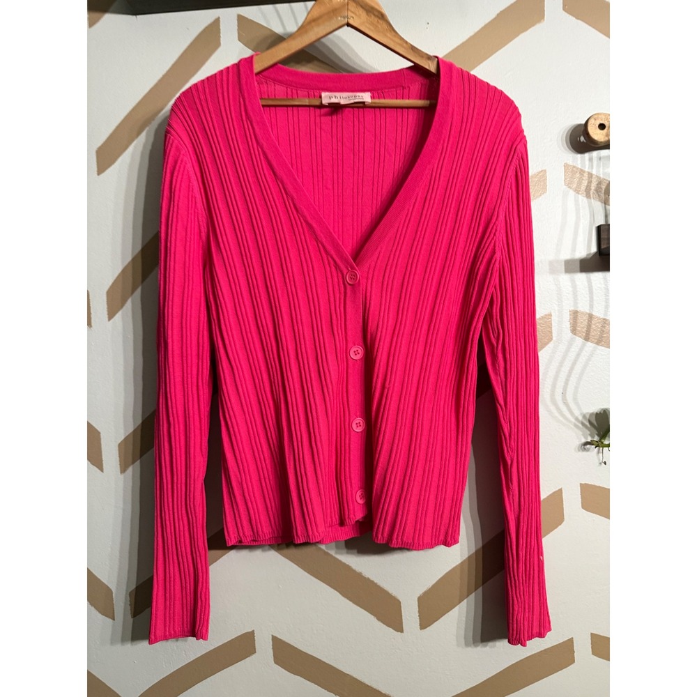 Philosophy Cardigan Sweater Womens Large Pink Ribbed Button Front V-Neck Knit
